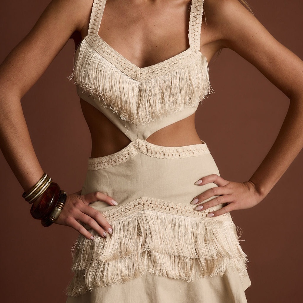 12th Tribe Haven Ivory Fringe Cutout Mini Dress Size MM